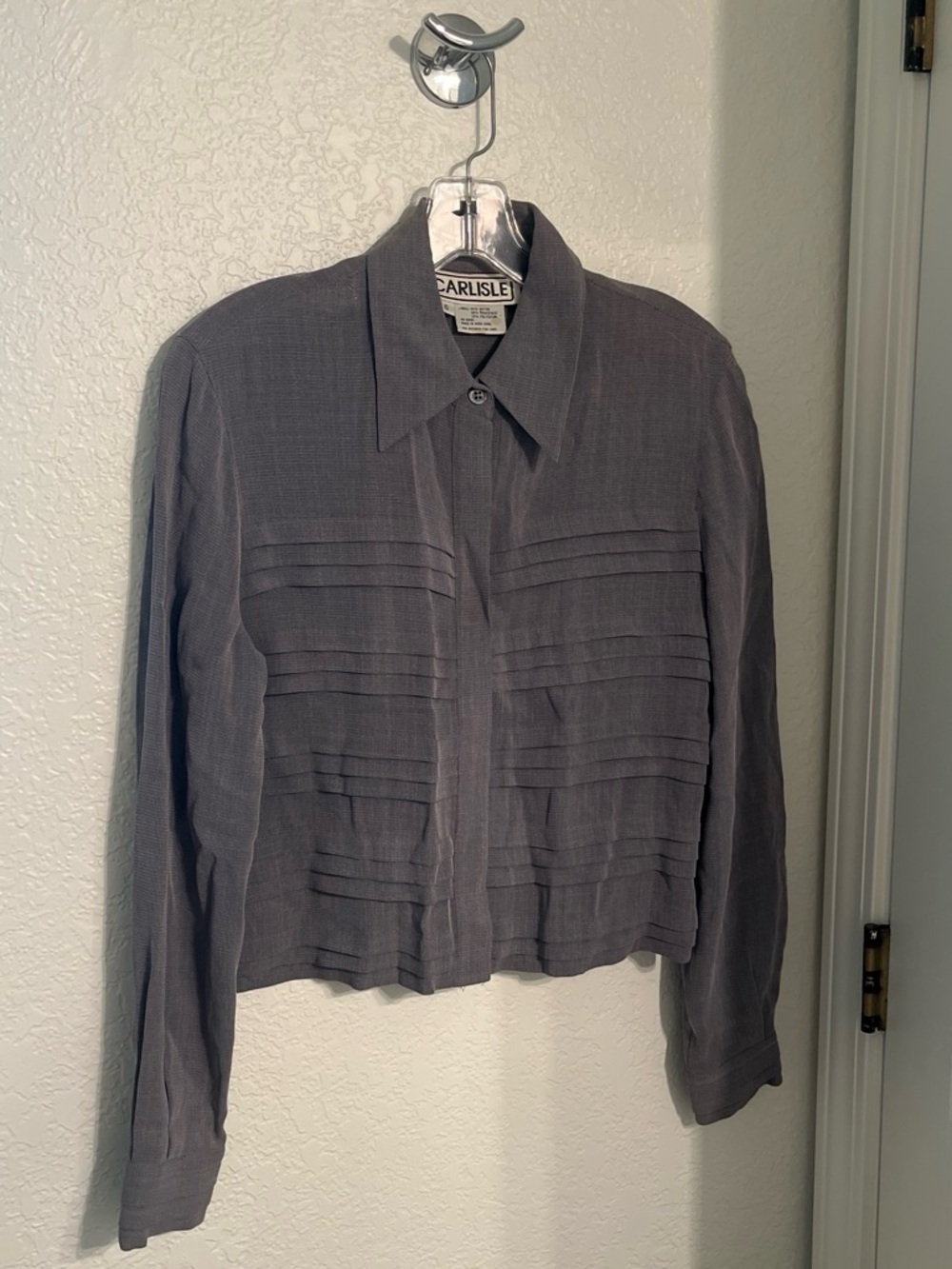 Carlisle Gray Button-Front Pintuck Blouse